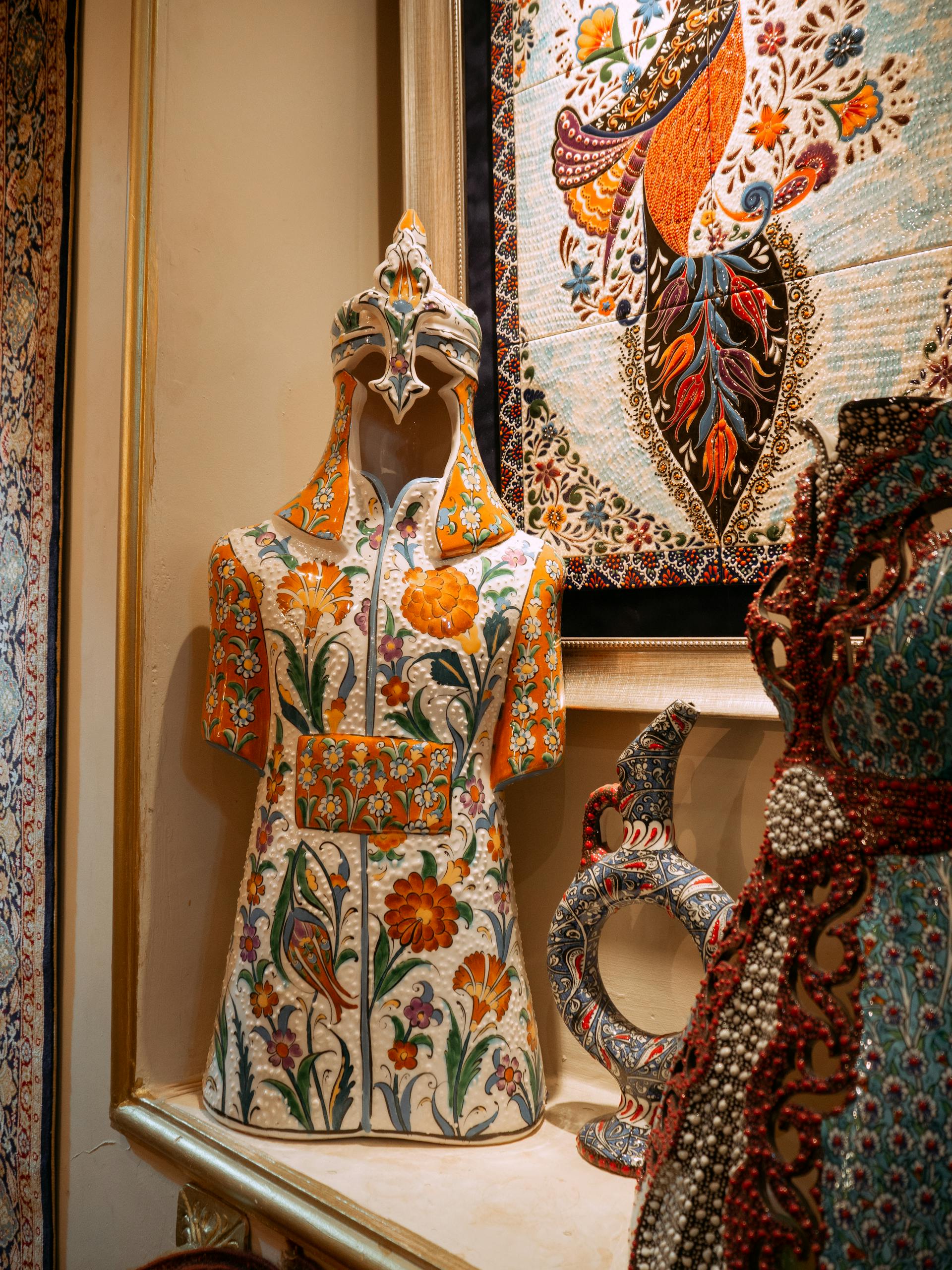 Detailed ceramic artwork showcasing traditional Turkish design in an Istanbul shop display.